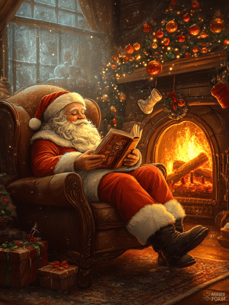 Santa Claus in a Cozy Armchair Reading a Book by the Glowing Fireplace with a Decorated Christmas Tree and Stockings Christmas Digital Painting 18 X 24 Inch