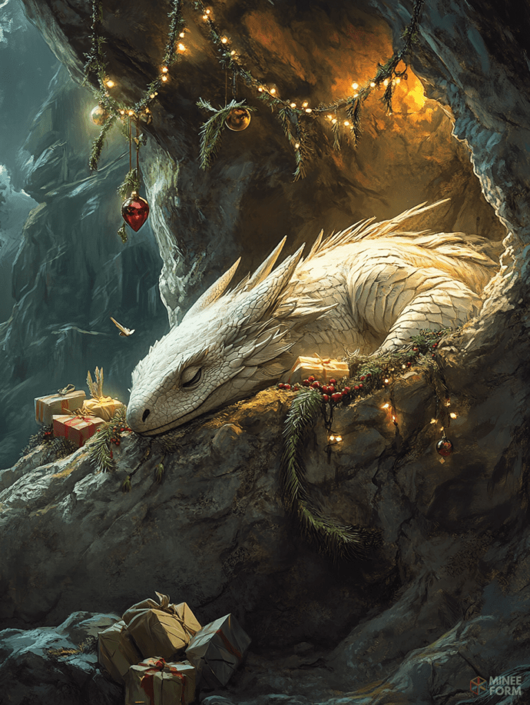 Majestic Silver Dragon Slumbering in a Cozy Decorated Cave with Twinkling Lights and Colorful Gifts Amidst a Mystical Wintry Landscape Christmas Digital Painting 18 X 24 Inch