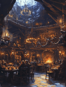 Warm Gathering in a Rustic Cavern Tavern with Shimmering Candlelight and Snowy Chandelier Aglow Christmas Digital Painting 18 X 24 Inch