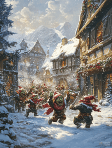 Goblins Joyfully Rampaging Through a Snowy Village Street Amidst Festive Decorations and Whimsical Wintery Chaos Christmas Digital Painting 18 X 24 Inch