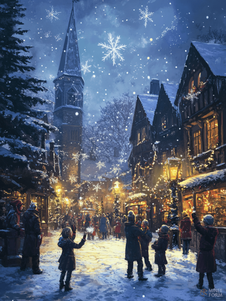 Enchanted Winter Village with Snowflakes Illuminating Festive Market Under Starry Night Sky Christmas Digital Painting 18 X 24 Inch