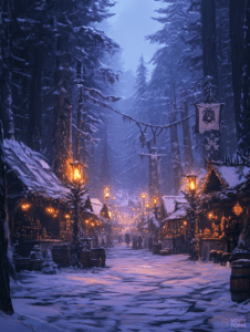 Snow-Covered Woodland Village Market at Dusk with Warm Glowing Lanterns and Festive Booths Lined Along a Rustic Pathway Surrounded by Towering Pine Trees Christmas Digital Painting 18 X 24 Inch