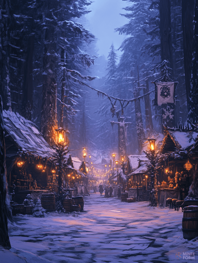 Snow-Covered Woodland Village Market at Dusk with Warm Glowing Lanterns and Festive Booths Lined Along a Rustic Pathway Surrounded by Towering Pine Trees Christmas Digital Painting 18 X 24 Inch