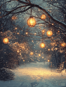 Enchanted Winter Pathway Illuminated by Glowing Lanterns Amidst Gently Falling Snow in a Mystical Forestscape Christmas Digital Painting 18 X 24 Inch