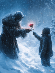 Amidst the Whirling Snowfall a Mysterious Hooded Figure Receives a Luminous Rose from a Courageous Child in a Frozen Forest Landscape Christmas Digital Painting 18 X 24 Inch