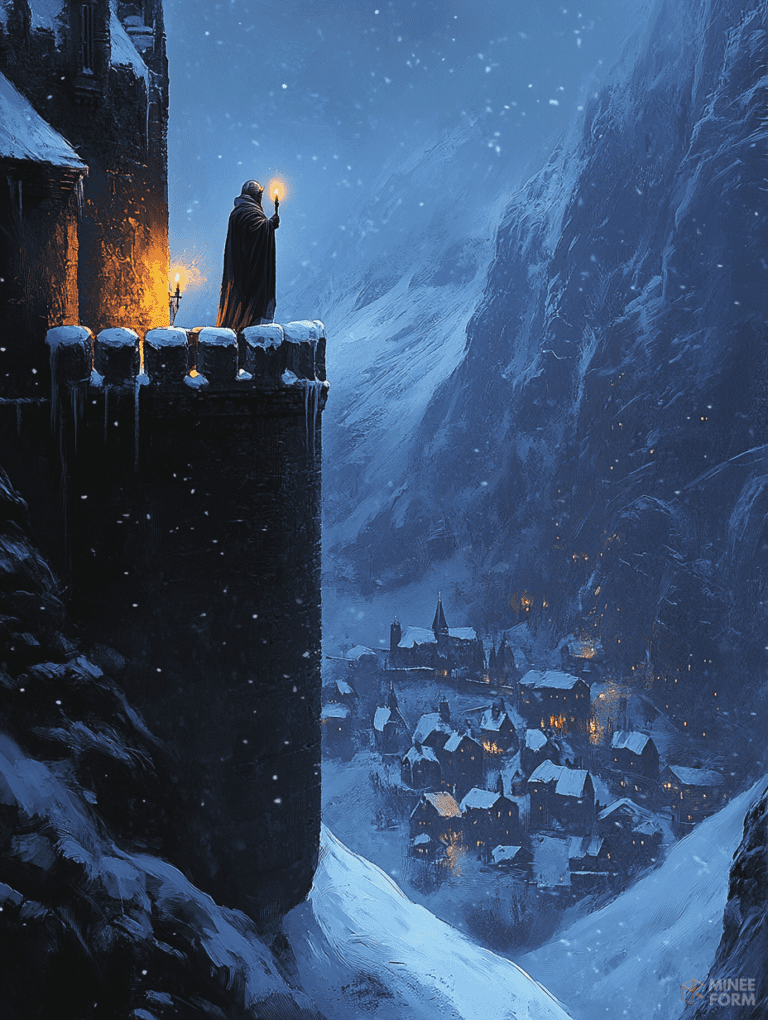 Solitary Watchman Overlooking the Snow-Draped Village Under a Starlit Winter Sky Christmas Digital Painting 18 X 24 Inch