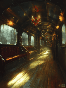 Magical Holiday Train Carriage Bathed in Cozy Candlelight with Festive Decor and Sunlit Wooden Floors Christmas Digital Painting 18 X 24 Inch