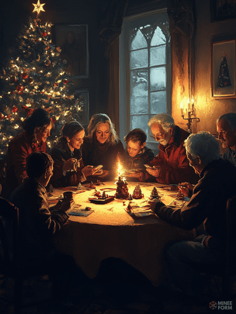 Cozy Family Gathering Around a Candlelit Table in a Warmly Decorated Christmas Living Room with a Glowing Tree Christmas Digital Painting 18 X 24 Inch