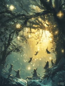 Enchanted Forest Illuminated by Glowing Snowflakes and Mystical Floating Figures amidst Ancient Trees Christmas Digital Painting 18 X 24 Inch