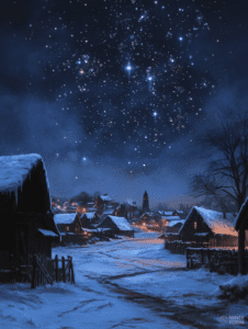 Snow-Covered Village Under a Starry Night Sky Illuminated by Warm Glows from Cozy Homes and Twinkling Stars Christmas Digital Painting 18 X 24 Inch