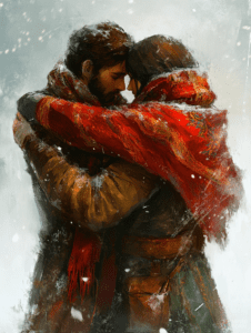 Embrace in the Midst of a Snowy Winter Landscape as a Couple Wrapped in Vibrant Red and Orange Scarf Stands Close Sharing Warmth and Intimacy While Snowflakes Gently Fall Around Them Christmas Digital Painting 18 X 24 Inch