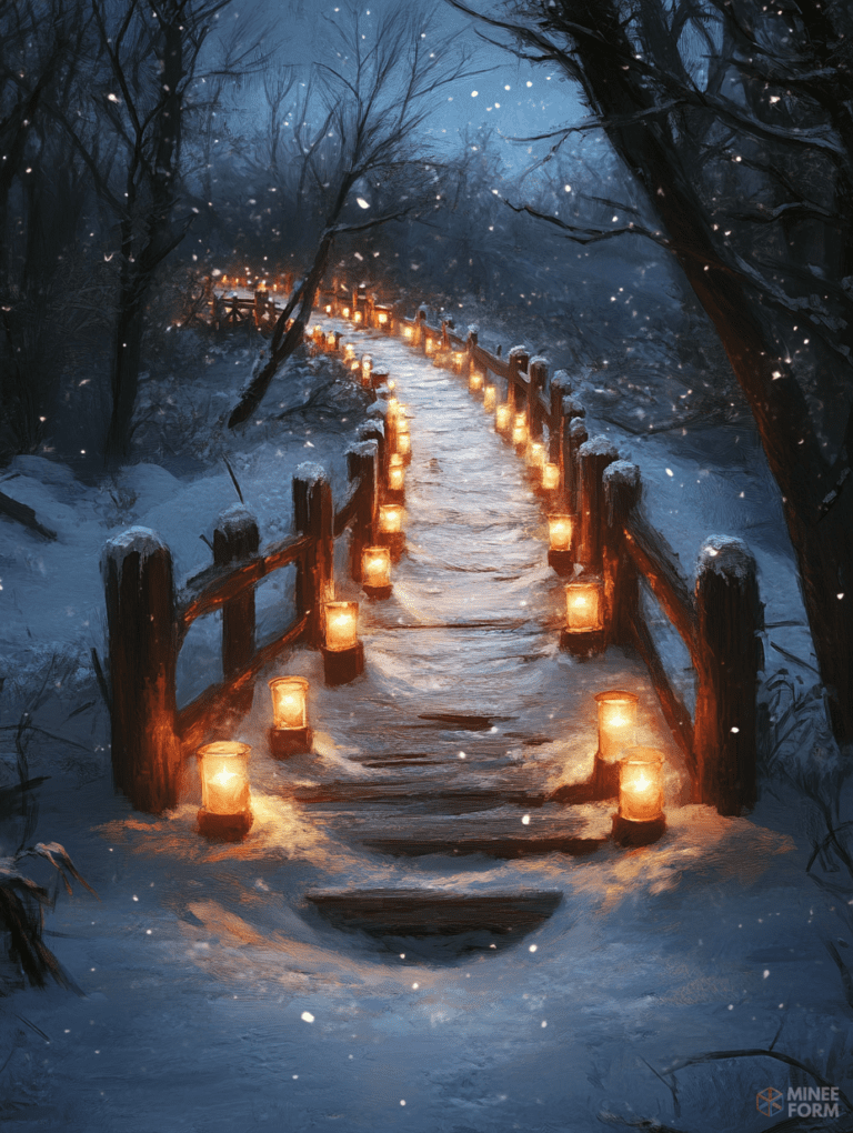 Enchanting Winter Pathway Illuminated by Glowing Lanterns in a Snow-Covered Forest at Twilight Christmas Digital Painting 18 X 24 Inch