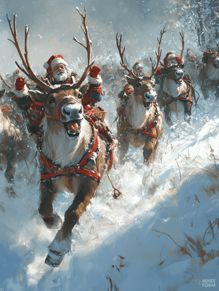 Jolly Santa-Led Reindeer Gallop Through a Snowy Forest in Festive Cheer Christmas Digital Painting 18 X 24 Inch