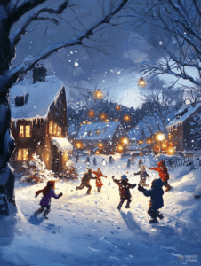 Festive Snowball Fight in a Charming Winter Village with Glowing Lanterns and Playful Children Christmas Digital Painting 18 X 24 Inch