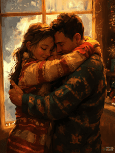 Cozy Embrace by the Frosty Window with Warm Sweaters Illuminated by the Golden Glow of Christmas Lights Christmas Digital Painting 18 X 24 Inch