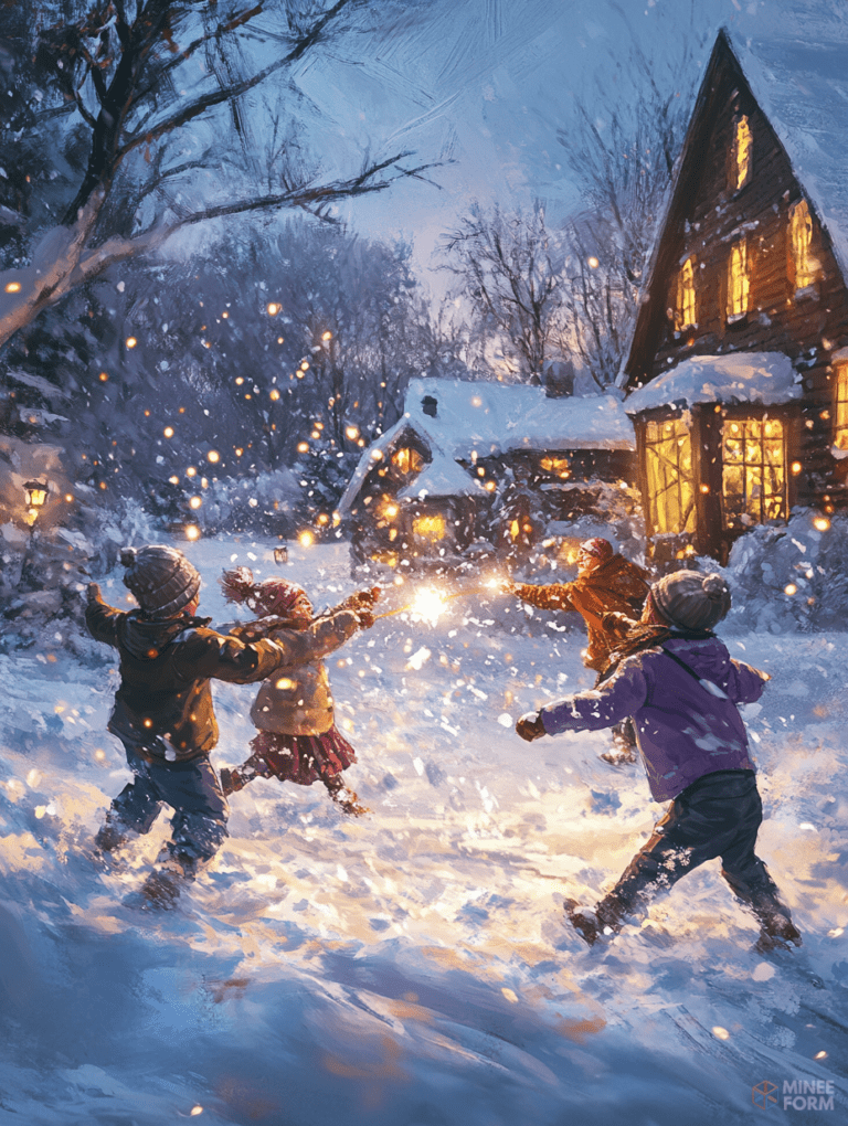 Children’s Joyful Winter Evening Playing in Snowy Village with Warmly Lit Cottage and Sparkling Snowflakes Christmas Digital Painting 18 X 24 Inch