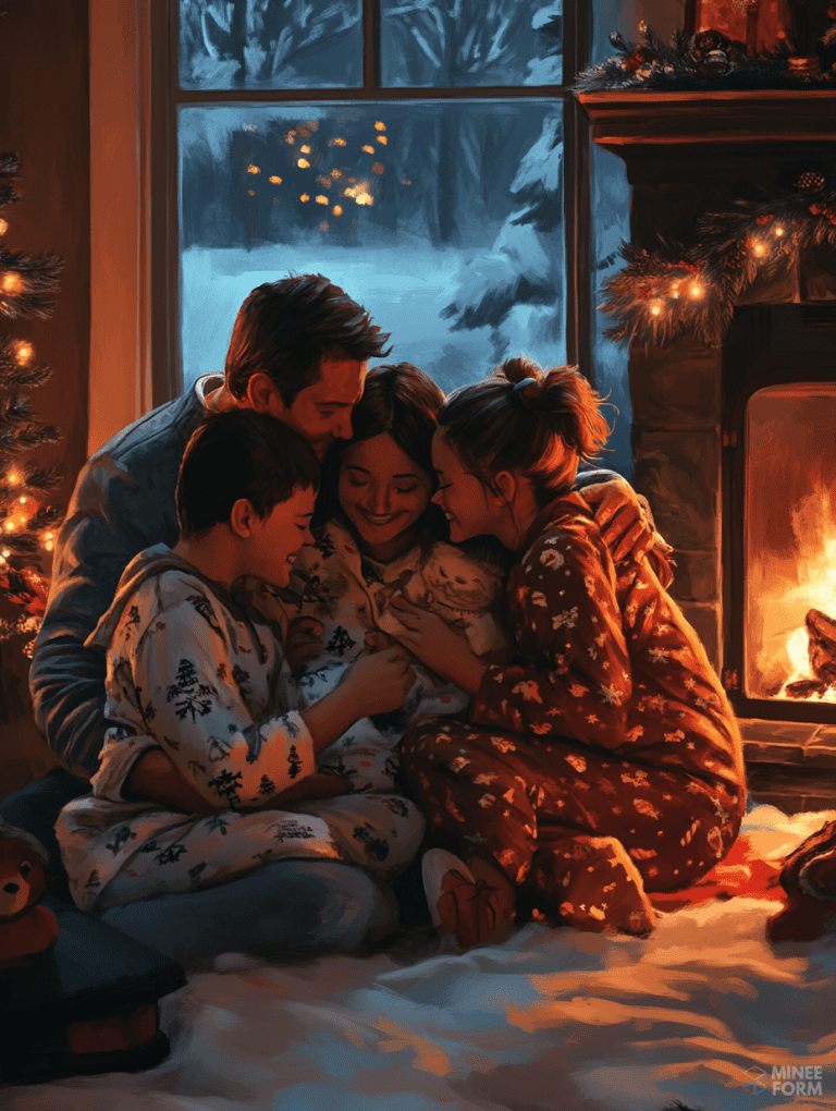 Cozy Family Gathering by the Fireplace with Snowy Night and Twinkling Lights Outside Christmas Digital Painting 18 X 24 Inch