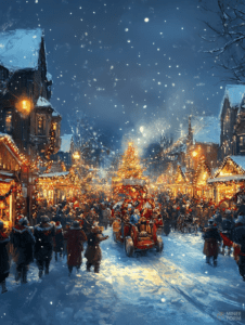 Festive Winter Wonderland with Crowded Streets and Illuminated Christmas Market Under Falling Snowflakes Christmas Digital Painting 18 X 24 Inch