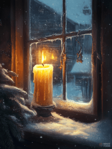 Warm Candlelight Glowing Through Frosted Rustic Window Amidst Falling Winter Snowflakes Christmas Digital Painting 18 X 24 Inch