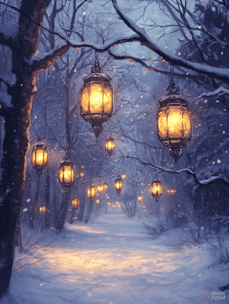 Glowing Lanterns Illuminate a Snowy Forest Pathway at Twilight with Delicate Snowflakes Gently Falling Christmas Digital Painting 18 X 24 Inch