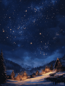 Snowy Village Under a Brilliant Starry Night Sky with Mountains Looming in the Distance and Warmly Lit Wooden Cabins Christmas Digital Painting 18 X 24 Inch