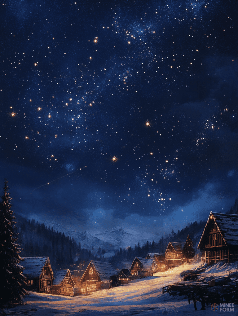 Snowy Village Under a Brilliant Starry Night Sky with Mountains Looming in the Distance and Warmly Lit Wooden Cabins Christmas Digital Painting 18 X 24 Inch