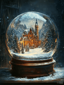 Enchanted Winter Castle Encased in a Shimmering Snow Globe Amidst Falling Snowflakes and Frosted Pine Trees Christmas Digital Painting 18 X 24 Inch