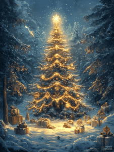 Majestic Snow-Covered Forest Illuminated by a Glittering Christmas Tree Surrounded by Gift Boxes and Falling Snowflakes Christmas Digital Painting 18 X 24 Inch