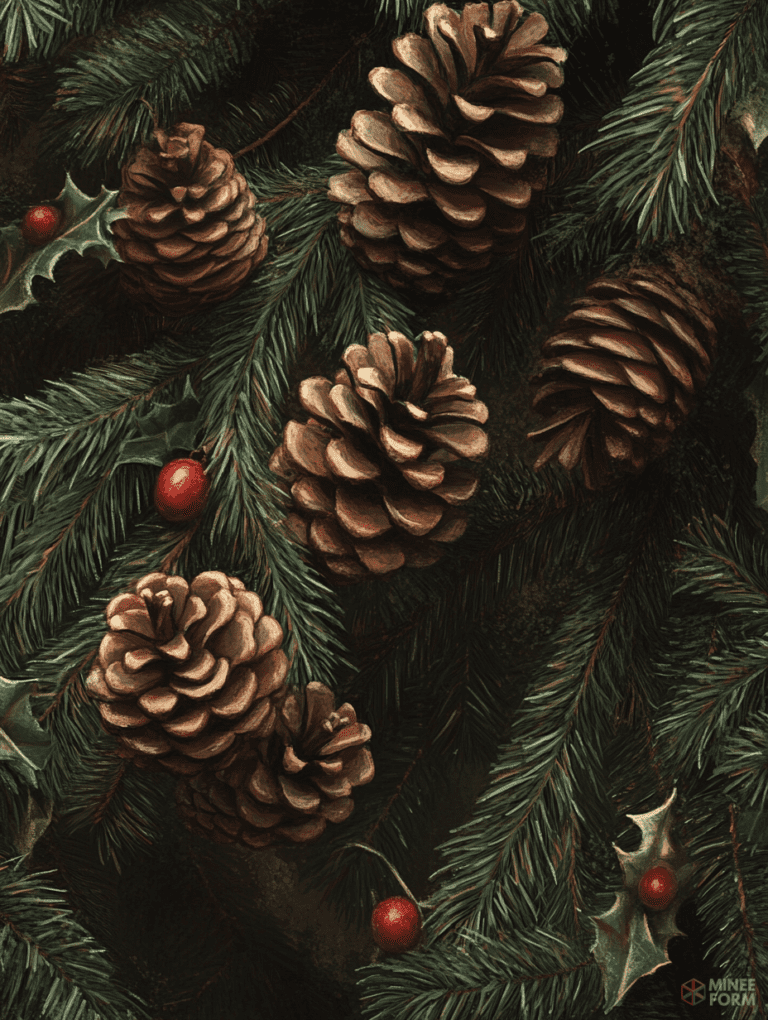 Rustic Pine Cones Nestled Among Lush Evergreen Branches and Festive Red Berries Christmas Digital Painting 18 X 24 Inch