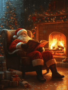 Santa Claus Relaxing by the Crackling Fireplace Reading a Festive Book on a Cozy Christmas Eve Surrounded by Glittering Decorations and Wrapped Gifts Christmas Digital Painting 18 X 24 Inch