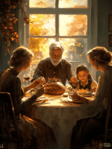 Cozy Family Gathering at a Sunlit Autumn Table with Golden Foliage Framing a Heartwarming Harvest Feast Christmas Digital Painting 18 X 24 Inch