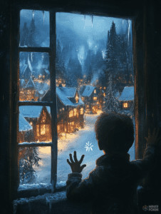 Young Child Gazing Through Frosted Window at Snow-Covered Village with Twinkling Lights and Towering Pine Trees Christmas Digital Painting 18 X 24 Inch