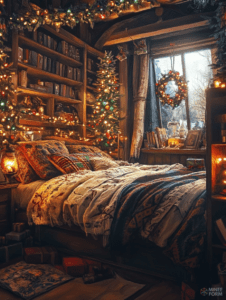 Cozy Christmas Bedroom Sanctuary with Festive Garland Adorned Bookshelves and Softly Glowing Tree Beside a Large Snow Framed Window and Stacked Books on Windowsill with Wrapped Gifts Tucked Under a Blanket Draped Bed Christmas Digital Painting 18 X 24 Inch