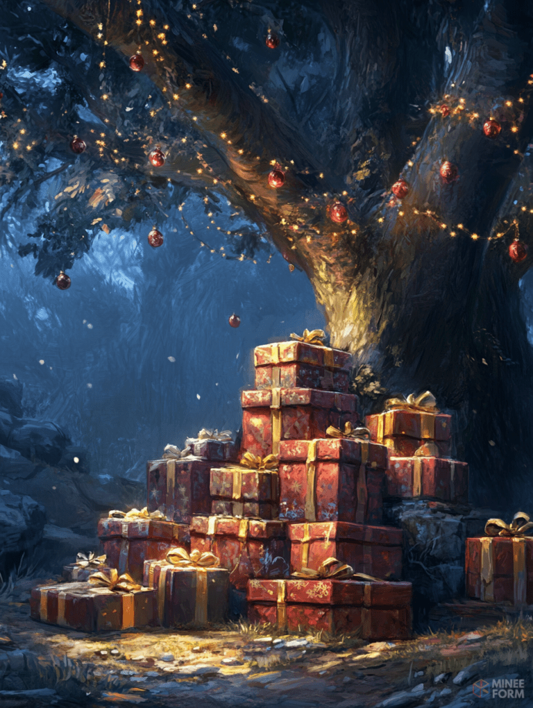 Towering Tree Adorned with Twinkling Lights and Crimson Ornaments Sheltering a Bountiful Cluster of Gift-Wrapped Treasures in a Moonlit Woodland Setting Christmas Digital Painting 18 X 24 Inch