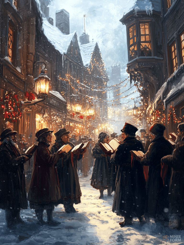 Victorian Carolers Singing in a Snowy Old Town Street Illuminated by Warm Lanterns and Festive Garland Lights Christmas Digital Painting 18 X 24 Inch