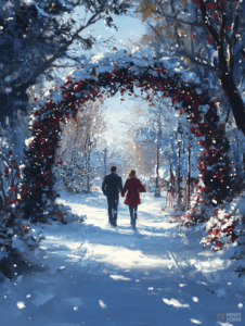 A Romantic Stroll Through a Snow-Covered Pathway Adorned with Red Roses Under a Cozy Archway in a Serene Winter Wonderland Christmas Digital Painting 18 X 24 Inch