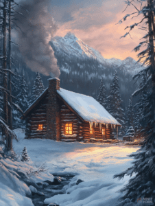 Cozy Log Cabin Nestled in a Winter Wonderland with Glowing Windows Amidst Snow-Covered Pines and Majestic Mountain Peaks at Sunset Christmas Digital Painting 18 X 24 Inch