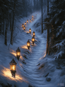 Enchanted Winter Pathway Illuminated by Warm Glowing Lanterns in a Snow Laden Forest Christmas Digital Painting 18 X 24 Inch