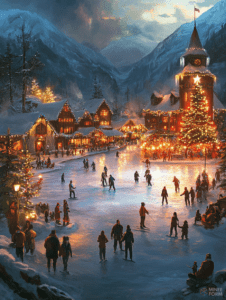 Enchanting Winter Village at Dusk with Skaters on a Frozen Lake Illuminated by Festive Lights and Majestic Mountains in the Background Christmas Digital Painting 18 X 24 Inch