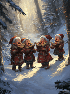 Joyful Elves Singing Heartfelt Carols in a Snowy Enchanted Forest Illuminated by Winter Sunlight Christmas Digital Painting 18 X 24 Inch