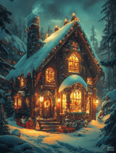 Cozy Winter Cottage Illuminated with Warm Holiday Lights Amidst Snowy Forest Twilight Christmas Digital Painting 18 X 24 Inch