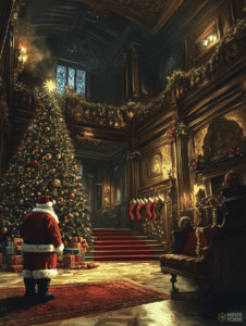 Santa Claus Admiring a Majestic Christmas Tree in a Lavishly Decorated Grand Hall with Stockings Hung by a Glowing Fire and a Red Carpet Leading Up an Ornate Staircase Christmas Digital Painting 18 X 24 Inch