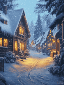 Snowy Village Lane at Twilight with Cozy Cottages Adorned with Twinkling Festive Lights and a Blanket of Glimmering Snowflakes Christmas Digital Painting 18 X 24 Inch