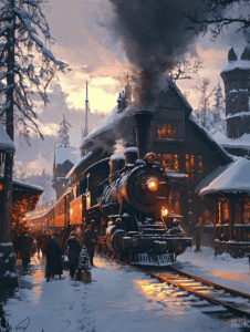 Steam Locomotive Arriving at a Snow-Covered Village Station Illuminated by Warm Golden Lights of Dusk with Travelers Bundled in Winter Coats Amidst the Enchanting Winter Scenery Christmas Digital Painting 18 X 24 Inch