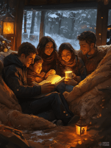 Cozy Family Bonding by Candlelight in a Snowy Woodland Cabin Christmas Digital Painting 18 X 24 Inch