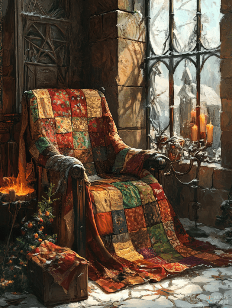 Cozy Armchair Draped with Colorful Patchwork Quilt in Sunlit Stone Alcove with Snowy Window Overlooking a Winter Landscape and Flickering Candles Christmas Digital Painting 18 X 24 Inch