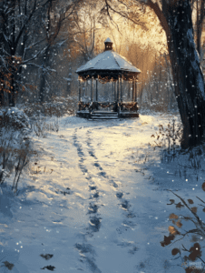 Serene Winter Gazebo at Dawn with Snow-Covered Path and Soft Sunlight Filtering Through Forest Trees Christmas Digital Painting 18 X 24 Inch