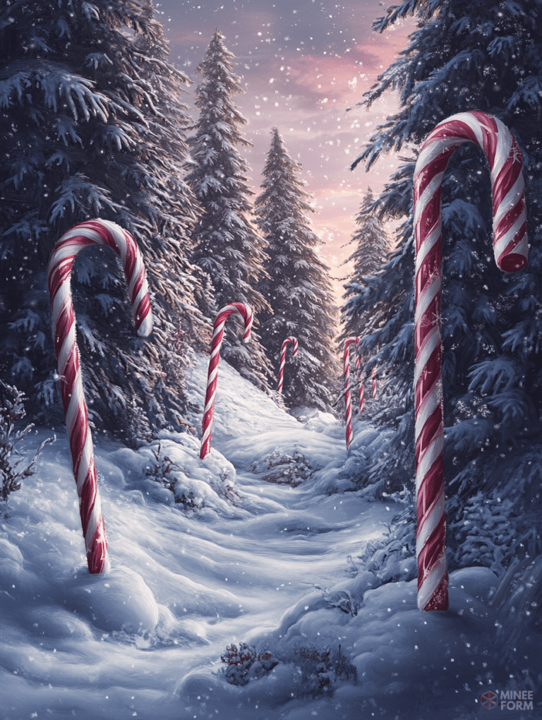 Pathway Through the Enchanted Winter Forest Adorned with Giant Candy Canes and Snowfall Christmas Digital Painting 18 X 24 Inch