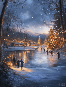 Families Skating on a Frozen Lake Adorned with Twinkling Lights Amidst a Snowy Forest at Twilight Christmas Digital Painting 18 X 24 Inch