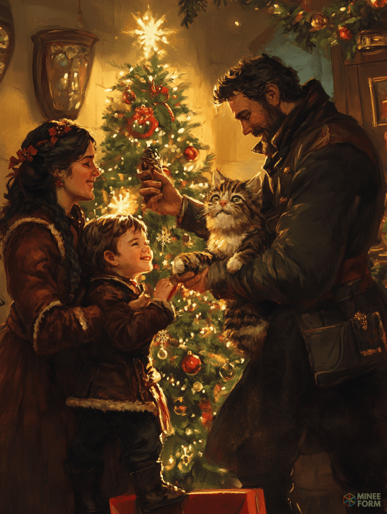 Cozy Family Celebration by the Christmas Tree with Father Charming Child and Fluffy Cat Under Warm Candlelight Christmas Digital Painting 18 X 24 Inch